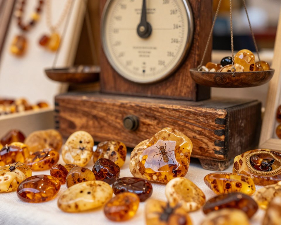 An artistic composition showcasing a variety of amber pieces, highlighting their natural beauty and texture. In the foreground, a collection of shiny, polished amber gemstones in different shapes and sizes, ranging from small, smooth nuggets to larger, irregularly shaped pieces, some presenting inclusions of ancient insects. The middle ground features a rustic wooden scale, beautifully aged, symbolizing the weighing of amber, with a soft focus on a weight scale needle indicating price variability. The background offers a warm, soft-lit atmosphere of a market in Gdańsk, with blurred hints of local stalls and amber jewelry, evoking a charming, inviting market vibe. The overall mood is warm and rich, capturing the allure and significance of amber pricing, with natural lighting that accentuates the golden hues of the amber. An artistic composition showcasing a variety of amber pieces, highlighting their natural beauty and texture. In the foreground, a collection of shiny, polished amber gemstones in different shapes and sizes, ranging from small, smooth nuggets to larger, irregularly shaped pieces, some presenting inclusions of ancient insects. The middle ground features a rustic wooden scale, beautifully aged, symbolizing the weighing of amber, with a soft focus on a weight scale needle indicating price variability. The background offers a warm, soft-lit atmosphere of a market in Gdańsk, with blurred hints of local stalls and amber jewelry, evoking a charming, inviting market vibe. The overall mood is warm and rich, capturing the allure and significance of amber pricing, with natural lighting that accentuates the golden hues of the amber.