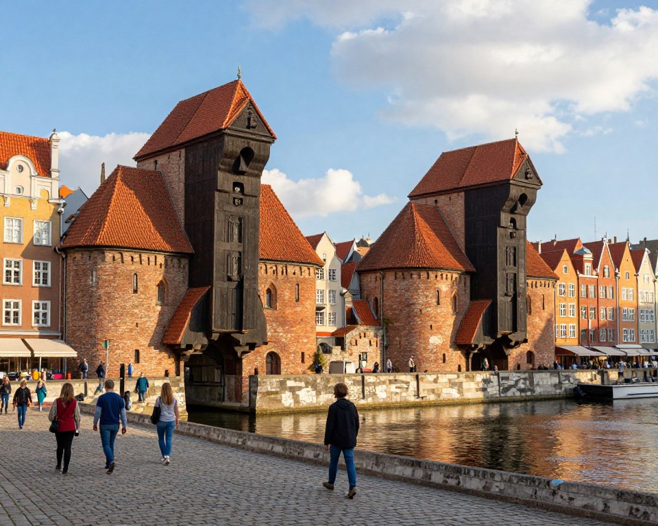 An artistic rendering of the iconic water gates of Gdańsk: Chlebnicka, Mariacka, and Świętojańska. In the foreground, depict the detailed architecture of the gates with intricate brickwork, arched doorways, and decorative elements. The middle layer should include the picturesque canals reflecting the buildings, with soft ripples in the water. Place vibrant street life—people in modest casual clothing—walking along cobblestone paths, engaged in daily activities. In the background, integrate a clear blue sky dotted with fluffy clouds, allowing warm sunlight to illuminate the scene, enhancing the rich textures of the brick facades. Capture the serene yet lively atmosphere of this historic area, emphasizing the elegance and charm of these architectural masterpieces. Use a wide-angle lens effect for depth.