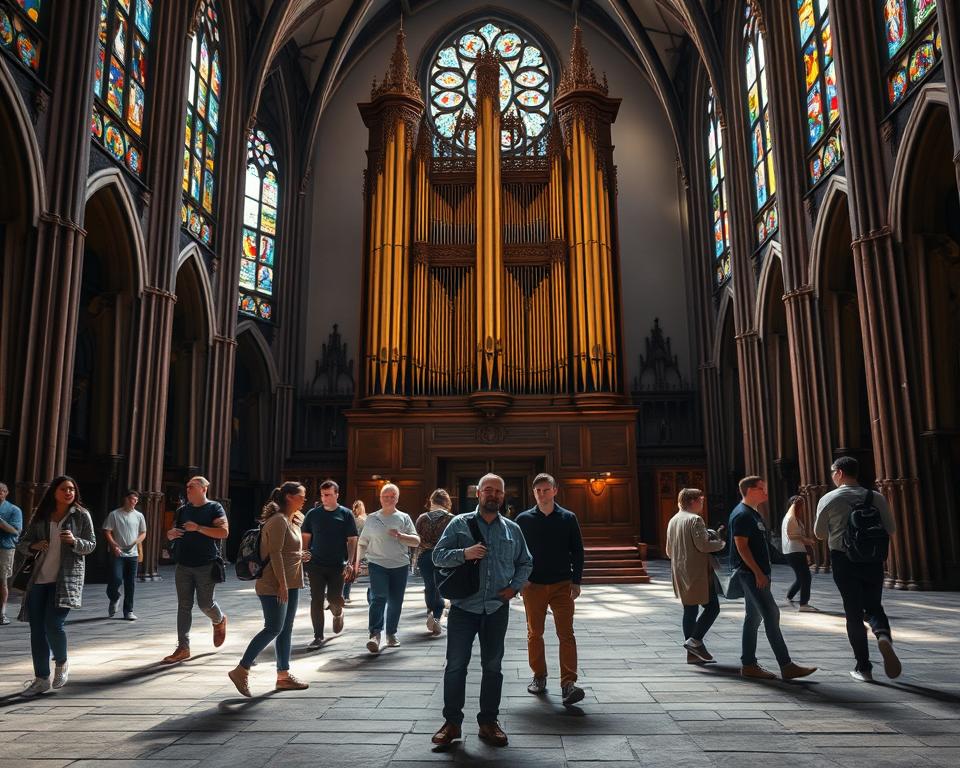 An informative and visually appealing scene depicting the interior of the Oliwa Cathedral, highlighting its stunning architecture and serene atmosphere. The foreground features a group of visitors, dressed in modest casual clothing, exploring the space with expressions of awe and curiosity. In the middle, showcase the grand pipe organ, intricately detailed and illuminated by soft, warm light that enhances the woodwork and pipes. In the background, large stained glass windows filter colorful sunlight, casting vibrant patterns on the stone floors. The overall mood is one of reverence and exploration, capturing the essence of a practical guide for visitors. Use natural lighting to emphasize the textures and details, with a slightly upward angle to showcase the cathedral's soaring ceilings.
