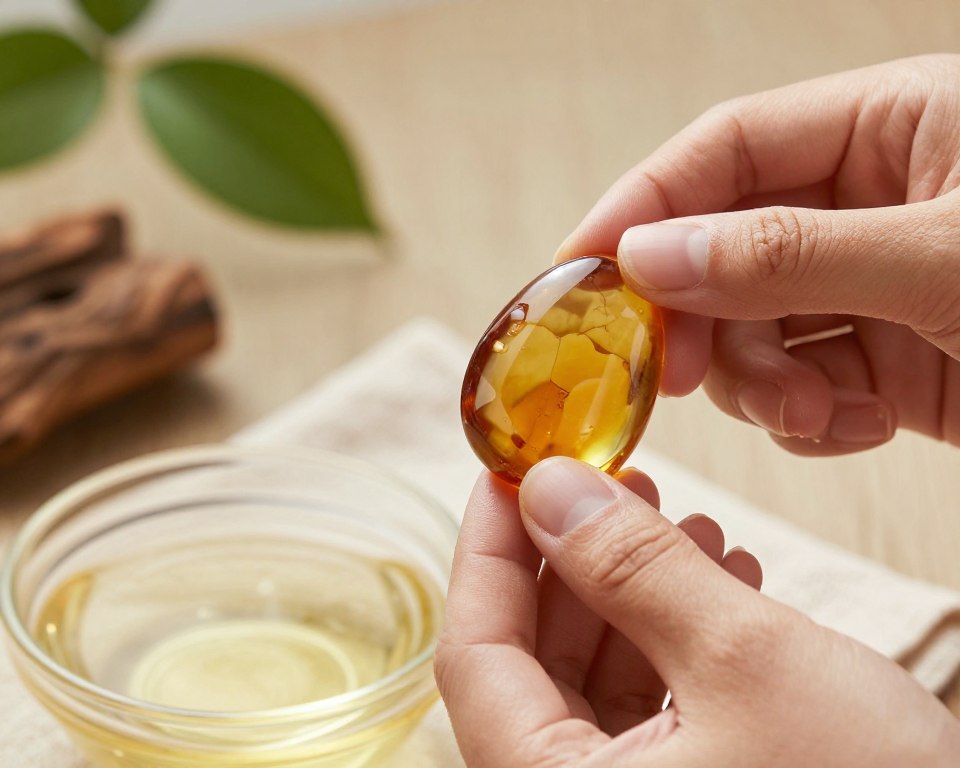 Close-up of a hand gently polishing a piece of amber jewelry, showcasing its warm, honey-colored glow. The focus is on the intricate details of the amber, reflecting light beautifully against a soft, blurred background of natural elements like leaves or wood to emphasize a connection with nature. The scene is illuminated with soft, natural lighting, creating a serene and calming atmosphere. In the foreground, a small bowl of natural cleaning solution and a soft cloth sit invitingly. The angle is slightly tilted to capture the textures of both the jewelry and the cleaning materials, enhancing the notion of daily care and maintenance. A sense of tranquility and appreciation for this unique gemstone permeates the image.