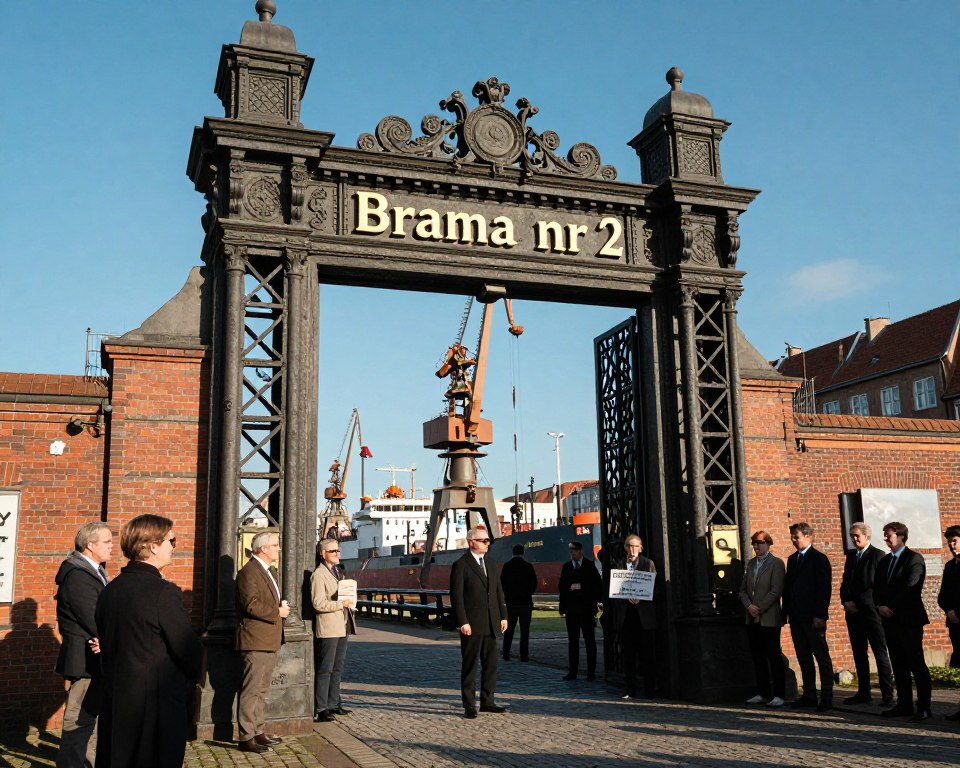 Foreground: A close-up view of the iconic "Brama nr 2" gate of the Gdańsk Shipyard, intricately detailed with its metal structure and historical significance, surrounded by industrial elements like cranes and shipbuilding materials. Middle: A diverse group of people, including men and women in professional business attire and modest casual clothing, are gathered in front of the gate, some holding signs of solidarity, showcasing the spirit of unity and determination. Background: A clear blue sky provides a hopeful atmosphere, with the shipyard's industrial landscape visible, including cranes and ships. The sunlight casts dramatic shadows, enhancing the texture of the gate, while the overall mood is one of empowerment and resilience during a pivotal moment in history. Aim for a perspective that highlights the gate as a focal point of strength amidst the surrounding environment.
