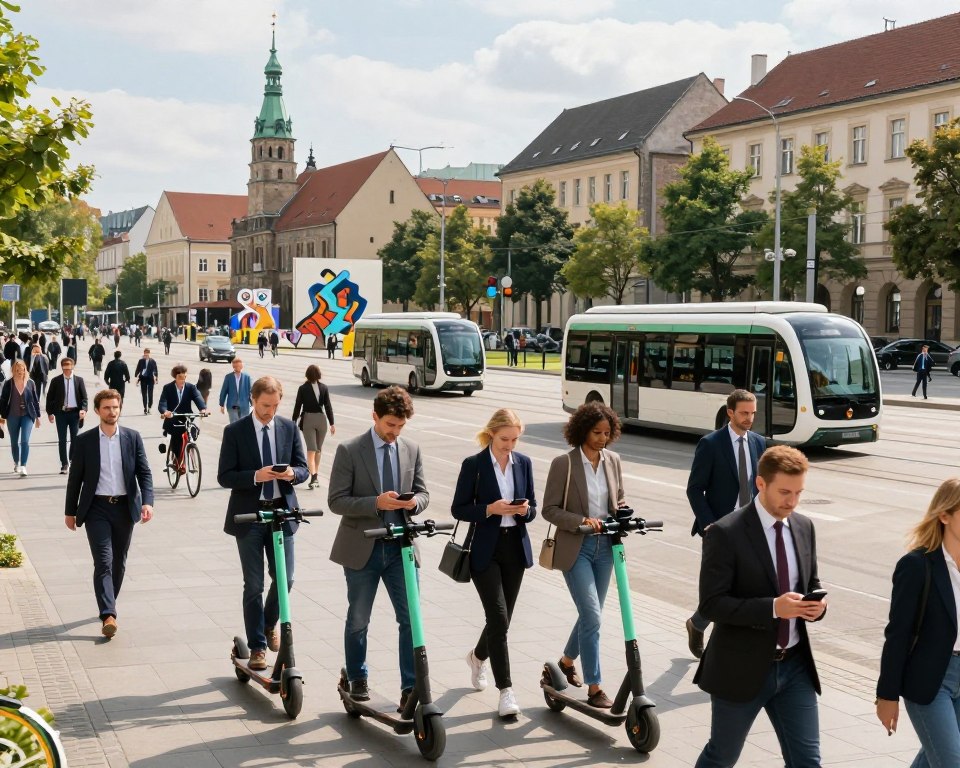 Foreground: A diverse group of modern commuters, dressed in professional business attire, confidently navigating Targ Węglowy, engaging with each other and their devices. Middle: Various forms of contemporary transport, including electric scooters, bicycles, and a sleek autonomous shuttle, seamlessly integrated into the plaza. Background: The historical architecture of Targ Węglowy, juxtaposed with modern art installations, under a bright, sunny sky. Lighting: Soft natural light enhances the vibrant colors of the scene, casting gentle shadows. Angle: A slightly elevated perspective captures the dynamic interaction between people and transport, creating a lively atmosphere. Mood: A blend of historical charm and innovative mobility, reflecting a forward-thinking urban space filled with energy and connectivity. Foreground: A diverse group of modern commuters, dressed in professional business attire, confidently navigating Targ Węglowy, engaging with each other and their devices. Middle: Various forms of contemporary transport, including electric scooters, bicycles, and a sleek autonomous shuttle, seamlessly integrated into the plaza. Background: The historical architecture of Targ Węglowy, juxtaposed with modern art installations, under a bright, sunny sky. Lighting: Soft natural light enhances the vibrant colors of the scene, casting gentle shadows. Angle: A slightly elevated perspective captures the dynamic interaction between people and transport, creating a lively atmosphere. Mood: A blend of historical charm and innovative mobility, reflecting a forward-thinking urban space filled with energy and connectivity.