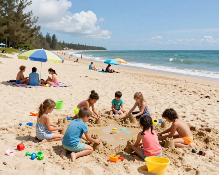 plaża stogi z dziećmi